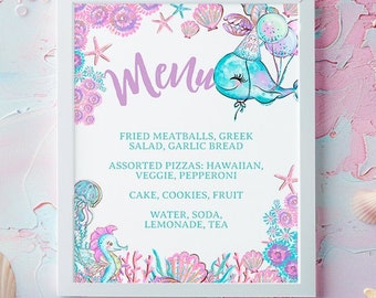 May include: A printable menu with a whimsical underwater theme. The menu features a blue whale with a party hat and balloons, a seahorse, and coral. The menu text includes: Fried meatballs, Greek salad, garlic bread, assorted pizzas, cake, cookies, fruit, water, soda, lemonade, and tea.