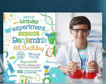 Editable Science Birthday Party Photo Invitation (Digital Item)