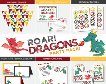 Dragon Party Printable, Dragon Birthday Party, Dragon Birthday Decor, Banner, Tags, Food Tents, Thank You Cards, Toppers, Instant download