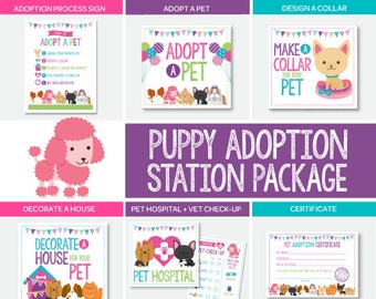 Pet Adoption Station Party Package, Puppy Adoption Party, Puppy birthday, Digital files, 7 + 1 printable Signs, Instant download