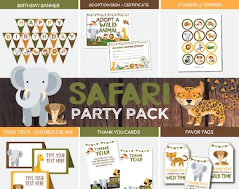 Safari Party Pack, Safari Printable Decorations, Jungle Birthday Decor, Banner, Toppers, Food tents, Thank You's, and more, Instant download