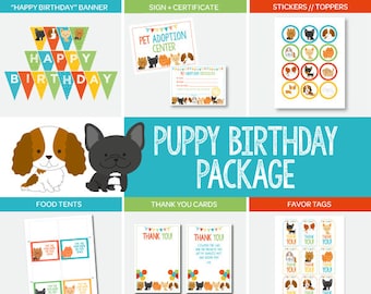 May include: A printable puppy birthday party package with a blue, green, and red color scheme. The package includes a banner, sign, certificate, stickers, food tents, thank you cards, and favor tags. The design features cute cartoon puppies.