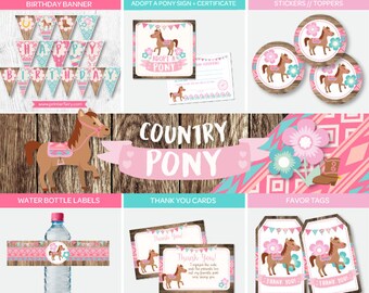 Pony Birthday Party Package, Banner, Toppers, Favor Tags, Thank You Cards, Labels and more, Instant download