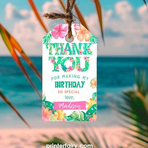 Luau Birthday Party Thank You Tags, Hawaiian Favor Tag, Tropical Birthday Party Favors, Luau Birthday Party Thank You tags,Editable Template