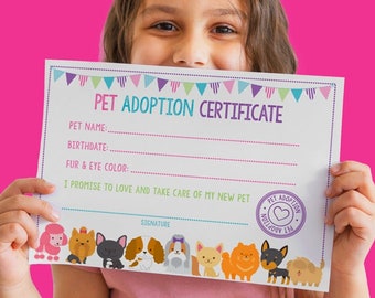 Pet Adoption Certificate, Pet Adoption Birthday Party, Puppy Birthday, Printable Certificate, Instant Download