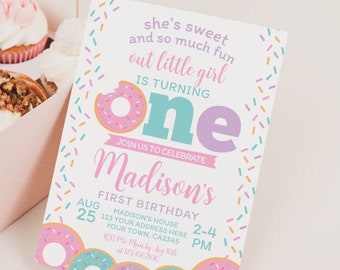 Donut First Birthday Invitation, EDITABLE, Sprinkles 1st Birthday Party, Donut Party, First Birthday EDIT YOURSELF Digital Invite