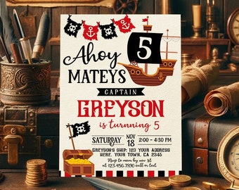 Pirate Invitation, EDITABLE pirate birthday invitation, Pirate Ship Birthday Party, Ahoy Matey, EDIT YOURSELF Digital Invitation