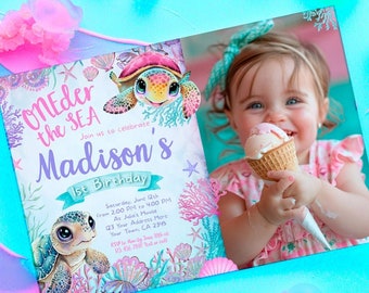 May include: A blue and pink invitation with a sea turtle design. The invitation says "Oneder the Sea" and "Madison's 1st Birthday". The invitation includes details for the party, including the date, time, and location. A photo of a young girl holding an ice cream cone is in the upper right corner of the invitation.