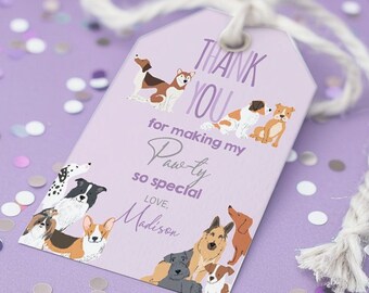 May include: Purple thank you tag with a group of cartoon dogs and the text "Thank You for making my Pawty so special Love, Madison".