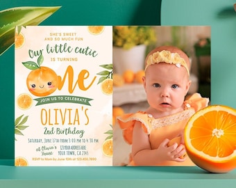 May include: Orange-themed first birthday party invitation with a photo of a baby girl wearing a yellow dress and a headband. The invitation features a cartoon orange with a smiling face and the text "Our little cutie is turning one".
