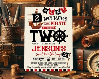 Pirate 2nd Birthday Invitation, EDITABLE birthday invitation, Pirate Ship Birthday Party, Ahoy Matey, EDIT YOURSELF Digital Invitation