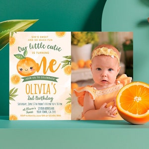Little Cutie 1st Birthday Editable Invitation with Photo, Orange Birthday Party Invite Template, Summer Party, Editable Instant Download