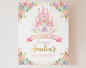 Princess Welcome Sign, Editable, Princess Birthday Party, Castle, Floral Sign, Princess Decorations, EDIT YOURSELF, Instant Download