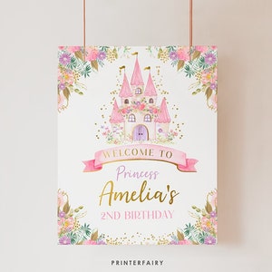 Princess Welcome Sign, Editable, Princess Birthday Party, Castle, Floral Sign, Princess Decorations, EDIT YOURSELF, Instant Download