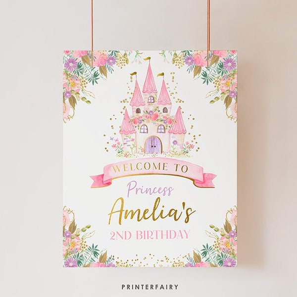 Panneau de bienvenue princesse, modifiable, fête d’anniversaire princesse, château, panneau floral, décorations princesse, MODIFIEZ-VOUS, Téléchargement instantané