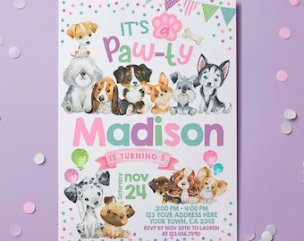 May include: A colorful invitation for a birthday party with a paw print and the text "It's a Paw-ty". The invitation features a watercolor illustration of a group of dogs and the name "Madison" in pink and green lettering. The text "Is turning 5" is below the name. The date of the party is "Saturday, Nov 24" and the time is "2:00 PM - 4:00 PM". The invitation also includes the address and RSVP information.