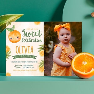 Little Cutie Editable Birthday Invitation with Photo, Orange Birthday Party Invite Template, Summer Party, Editable Invite, Instant Download
