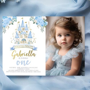 Princess Birthday Photo Invitation, Blue Princess Castle, First Birthday Invite with Photo, Editable in Corjl
