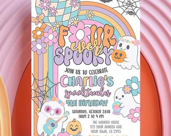 May include: A rectangular birthday invitation card featuring the text FOUR EVER SPOOKY, CHARLIE'S SPOOKTACULAR 4TH BIRTHDAY, and event details. The design includes pastel-colored ghosts, a rainbow, a disco ball, flowers, pumpkins, and spiderwebs.