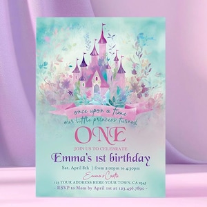Princess First Birthday Invitation, Editable, Princess Castle Birthday Party Invitation, Once Upon a Time Girl Birthday Invite, Download