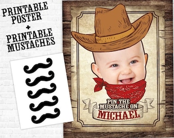 Pin the Mustache, Western Birthday Party, Wanted Poster, Cowboy Birthday Party, Wild West Party Game, Personalized Printable Sign