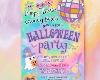 May include: A colorful invitation for a Halloween party with a tie-dye background. The invitation features a ghost wearing a witch's hat, a disco ball, and the text "Trippy Treats Groovy Beats" and "Halloween Party".