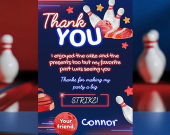 Bowling Birthday Thank You Card, Editable Printable (Instant Download)