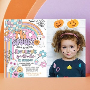 Editable Spooky Two: Groovy Ghost 2nd Birthday Invitation with Photo - Retro Hippie Halloween, Spooktacular Groovy Halloween Party, Instant