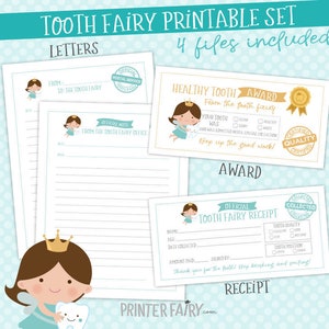 Fée des dents imprimables, lettre imprimable de la fée des dents, reçu de la fée des dents, prix de la fée des dents, téléchargement immédiat