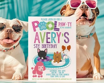 Op de afbeelding: Een kleurrijke uitnodiging voor een zwembadfeest ter ere van Avery's 5e verjaardag. De uitnodiging bevat een cartoonillustratie van honden in een zwembad met de tekst "Pool Paw-ty as we celebrate Avery's 5th Birthday".
