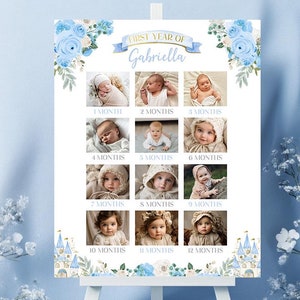 Cartel del primer año del bebé, plantilla editable de princesa con imágenes, tablero con letrero floral azul para imprimir, decoraciones de cumpleaños
