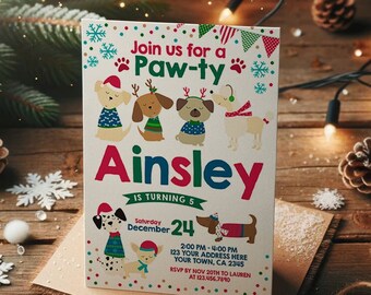 Winter Puppy Birthday Invitation, Dog Pawty (INSTANT DOWNLOAD)