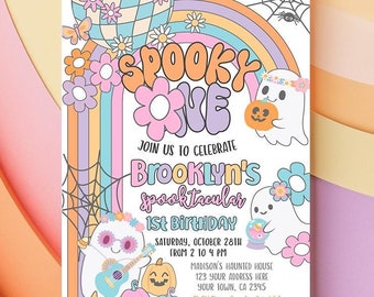 May include: A colorful invitation for a spooky-themed first birthday party. The invitation features a rainbow, ghosts, pumpkins, and the text "Spooky One" and "Brooklyn's Spooktacular 1st Birthday".