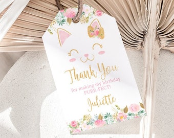 Floral Kitty Favor Tags, EDITABLE Kitty Cat Birthday, Kitty Thank You Tag, Printable Thank You Tag, INSTANT DOWNLOAD