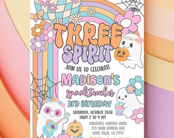May include: A rectangular birthday invitation card featuring the text THREE SPIRIT, JOIN US TO CELEBRATE MADISON'S spooktacular 3RD BIRTHDAY, and event details. The design includes ghosts, a disco ball, rainbows, flowers, and pumpkins.