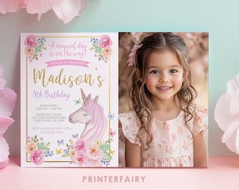 May include: A pink and gold birthday invitation with a unicorn illustration and floral accents. The invitation says "Madison's 8th Birthday" and includes details for the party, including the date, time, and location. A photo of a young girl is included in the invitation.