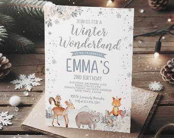 Winter Wonderland Birthday Invitation, EDITABLE, Winter Birthday Party, Snowflake Invitation, Deer Invitation, INSTANT DOWNLOAD