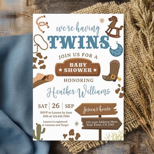 Cowboy Baby Shower Invitation for Twins, Editable, Rodeo Baby Sprinkle, Little Cowboy Baby Shower Party, Wild West Rodeo, Ranch Baby Shower