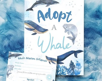 Whale Adoption Sign and Certificate, Under the Sea Party (Printable Download)