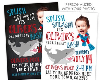 Shark Invitation with photo, Under the Sea Birthday Party, Pool Party Invitation, Shark Birthday Party, PERSONALIZED Invitation