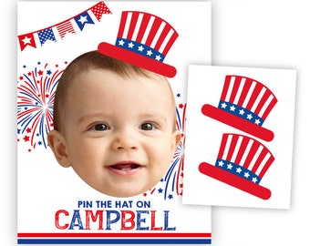 4th of July Birthday, Pin The Hat game, 4th of July Party, Birthday Decorations, Party Game, Pin the Tail, DIGITAL Personalized Poster