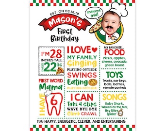 Op de afbeelding: Een kleurrijke, afdrukbare mijlpaalposter voor de eerste verjaardag met een pizzathema. De poster bevat een foto van een baby die verkleed is als pizzakok, samen met details over de leeftijd, lengte, gewicht en favoriete dingen van de baby. De poster is versierd met rode, groene en gele accenten.