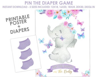 Pin The Diaper Game, Elephant Baby Shower Game, Floral Baby Shower, Butterfly Baby Shower, Pin the tail, INSTANT DIGITAL PRINTABLE Sign