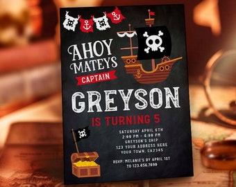 Pirate Invitation, EDITABLE pirate birthday invitation, Pirate Ship Birthday Party, Ahoy Matey, Black, EDIT YOURSELF Digital Invitation