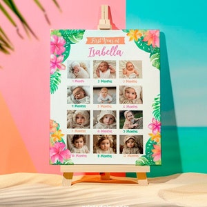 Tablero de fotos del 1er cumpleaños de Luau, estadísticas del 1er cumpleaños de la fiesta hawaiana, decoraciones de cumpleaños tropicales, signo de cumpleaños hawaiano, plantilla editable