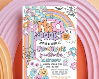 May include: A rectangular birthday invitation card featuring the text TWO SPOOKY, BROOKLYN'S SPOOKTACULAR 1ST BIRTHDAY, and event details. The design includes colorful rainbows, ghosts, pumpkins, a disco ball, flowers, and spider webs in pastel tones.