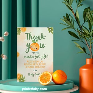 Carte de remerciement orange baby shower, modèle modifiable, une petite mignonne est sur le chemin, carte de remerciement orange baby shower, baby shower d'été
