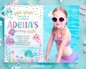May include: A mermaid-themed birthday party invitation with a photo of a girl wearing sunglasses and a purple swimsuit. The invitation features a pink and purple narwhal, a blue and green narwhal, and the text "Splish Splash! Please join us to celebrate Adella's 5th birthday Bash!"
