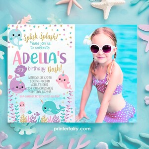 Narwhal Invitation with Photo, Mermaid Birthday Party, Under the Sea Invitation, Narwhal Birthday Party, EDIT YOURSELF Digital Invitation