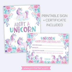 Unicorn Adoption Party, Unicorn Adoption Certificate and Sign, Pet Adoption Party, Magical Birthday Party, INSTANT DOWNLOAD